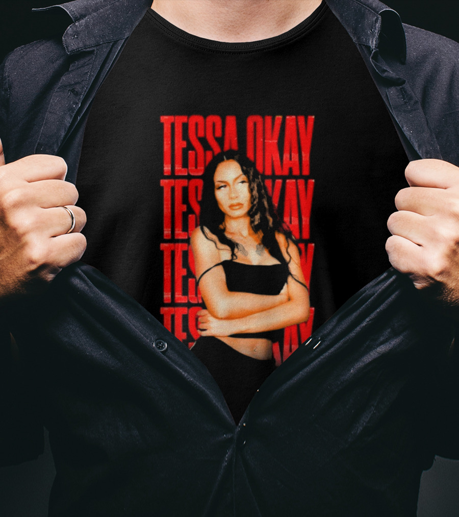 Tessa Okay Bold Red Typography With Crossed-Arms Portrait T-Shirt