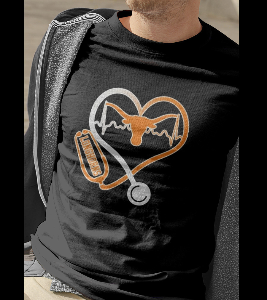 Texas Longhorns Caring Hearts Nurse Stethoscope Heartbeat T-Shirt