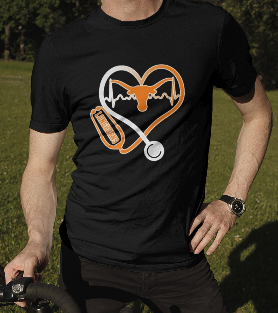 Texas Longhorns Caring Hearts Nurse Stethoscope Heartbeat T-Shirt