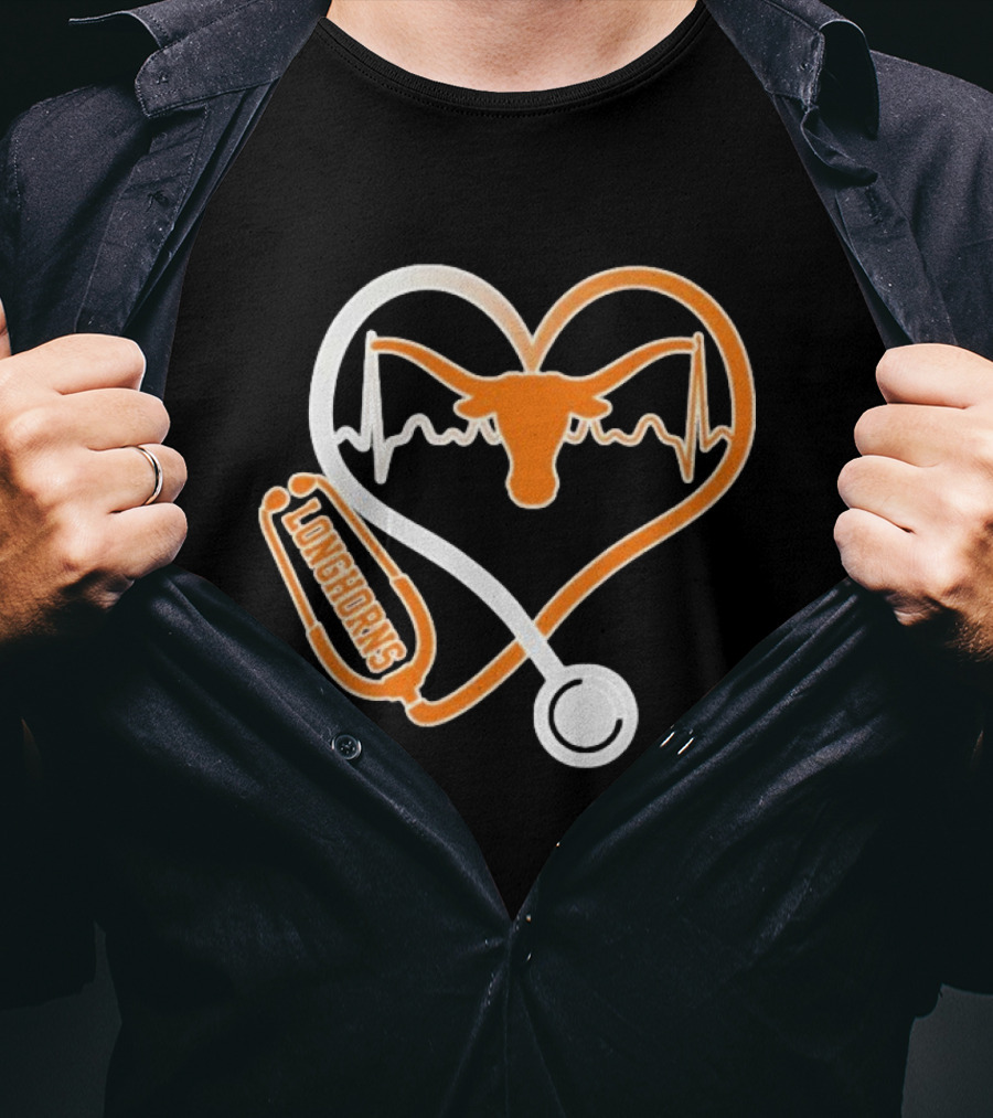 Texas Longhorns Caring Hearts Nurse Stethoscope Heartbeat T-Shirt