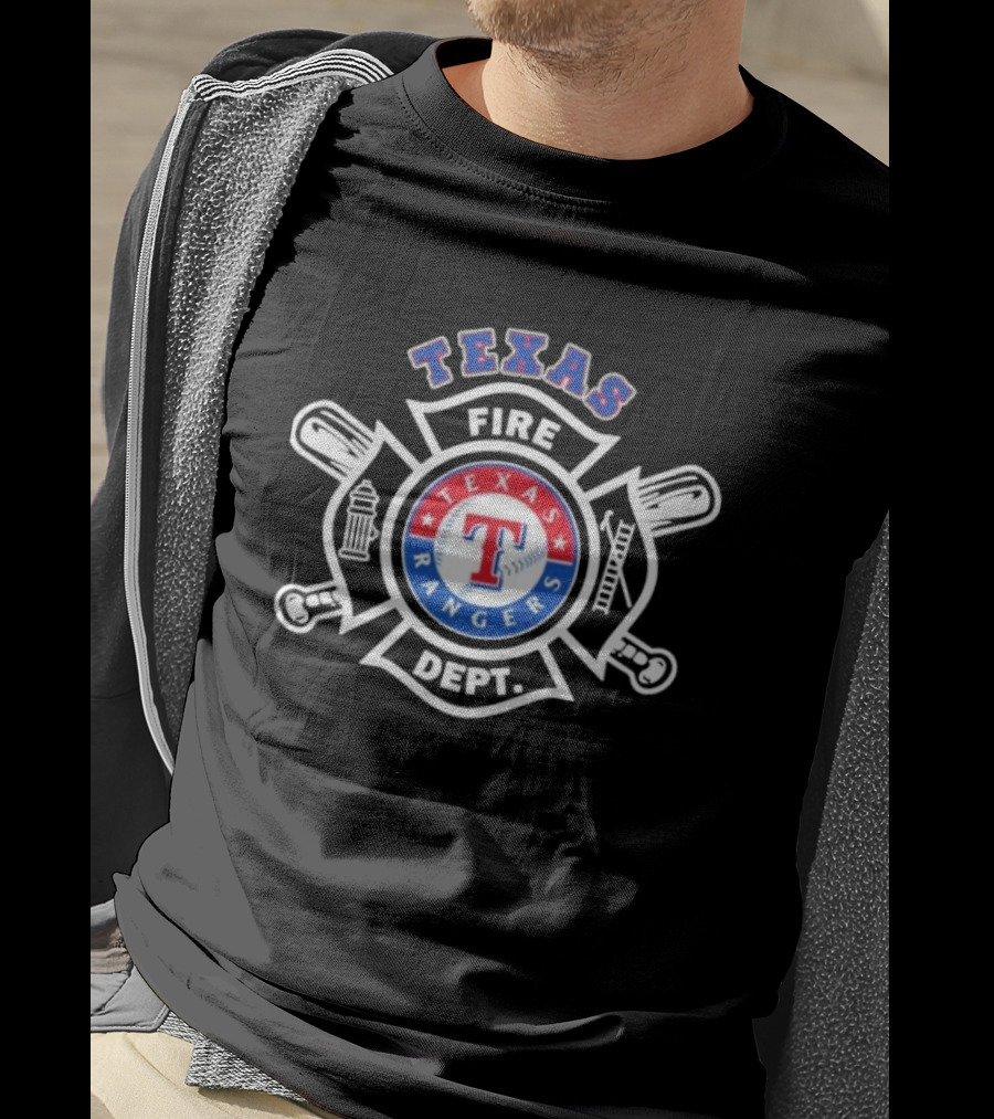 Texas Rangers Fire Dept Firefighters Maltese Cross Badge T-Shirt