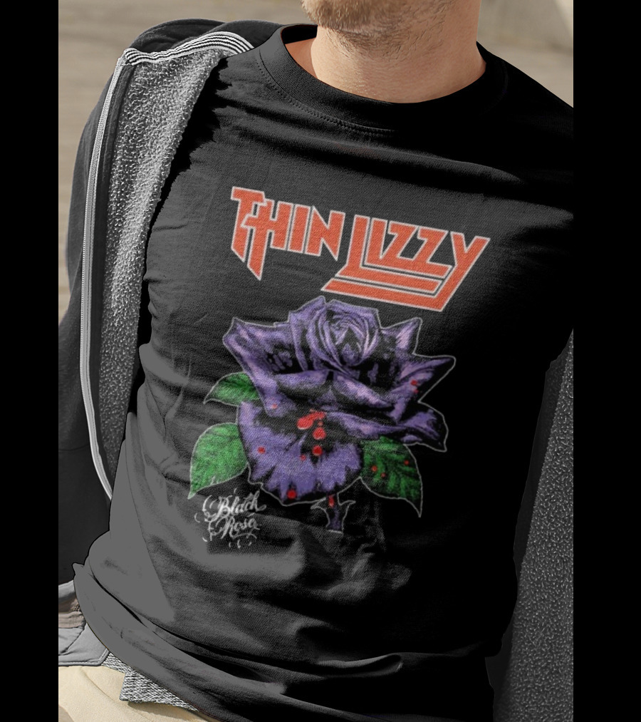 Thin Lizzy Black Rose With Purple Flower And Green Leaves T-Shirt