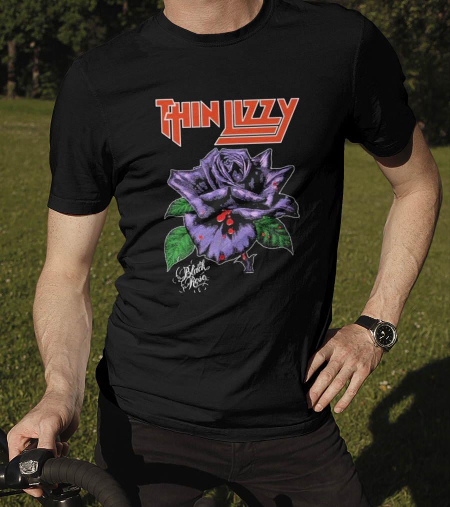 Thin Lizzy Black Rose With Purple Flower And Green Leaves T-Shirt