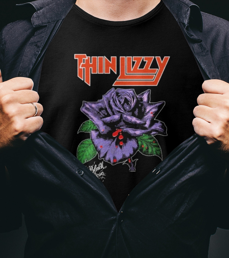 Thin Lizzy Black Rose With Purple Flower And Green Leaves T-Shirt