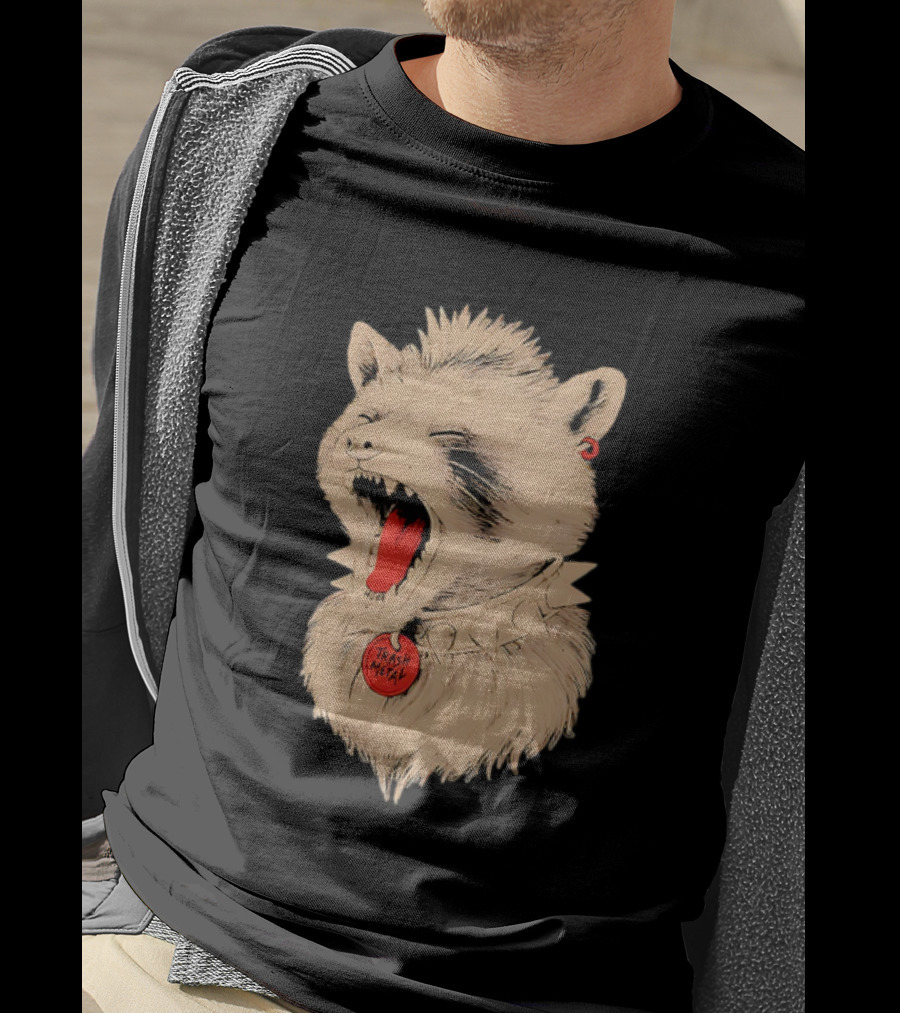 Trash Metal Raccoon With Spike Collar And Red Earring T-Shirt