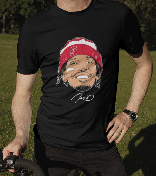 Washington Commanders Jayden Daniels Signature Face Bandage Number 5 Beanie T-Shirt