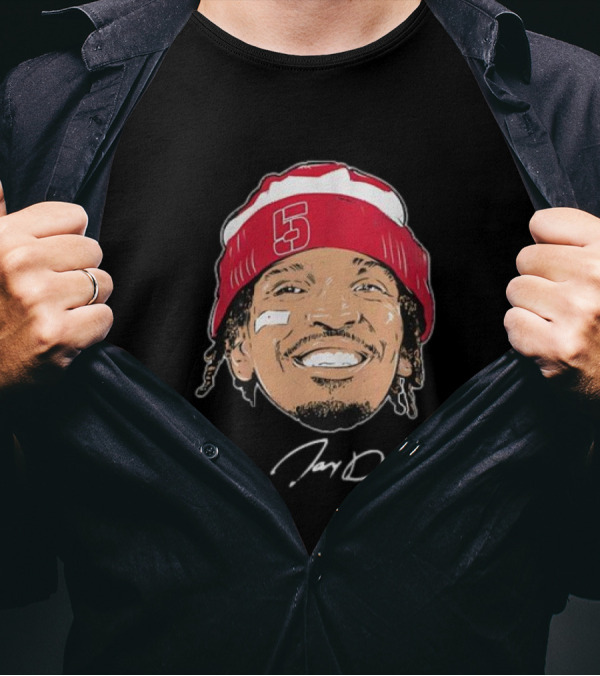 Washington Commanders Jayden Daniels Signature Face Bandage Number 5 Beanie T-Shirt