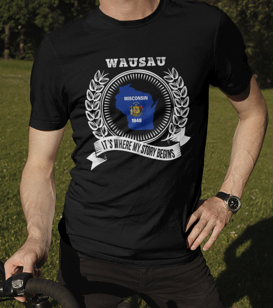 WAUSAU Wisconsin 1848 State Outline Emblem T-Shirt