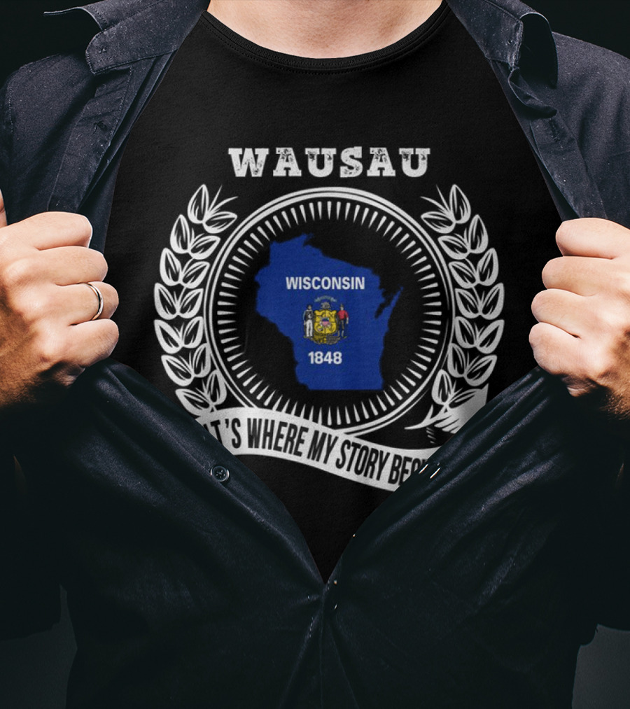 WAUSAU Wisconsin 1848 State Outline Emblem T-Shirt