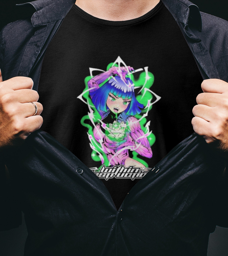 Within Destruction Lotus Anime Neon Girl With White Flower T-Shirt