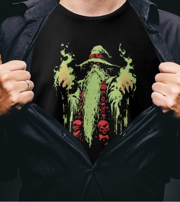 Wizard Of Doom Psychedelic Wizardry With Glowing Aura And Skull Elements T-Shirt