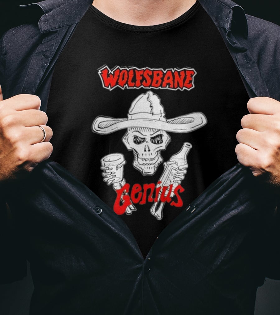 Wolfsbane Genius Skull With Cowboy Hat And Drinks T-Shirt
