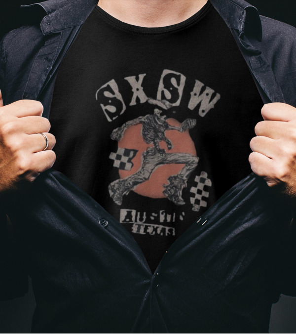SXSW Bones Running Skeleton Austin Texas Checkered Flag Theme T-Shirt