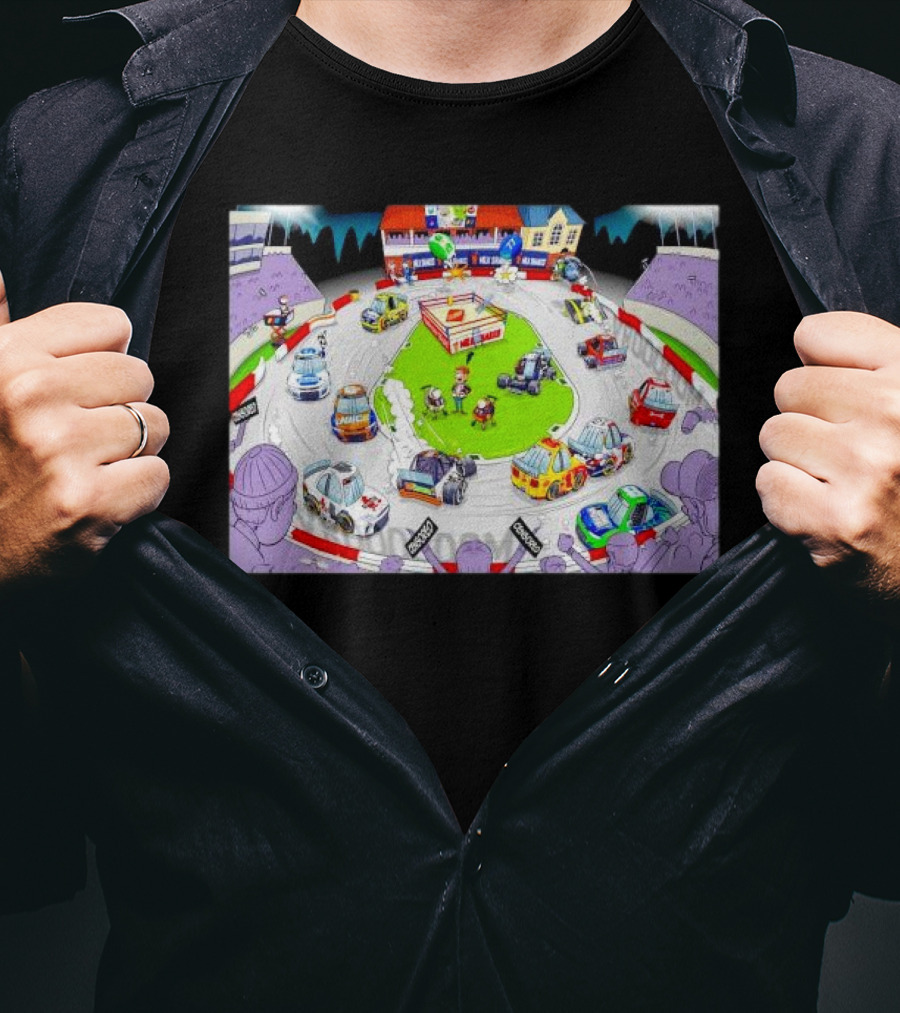 The Clash At Bowman Gray Stadium NASCAR Racing Daytona 500 Cartoon Track Scene T-Shirt