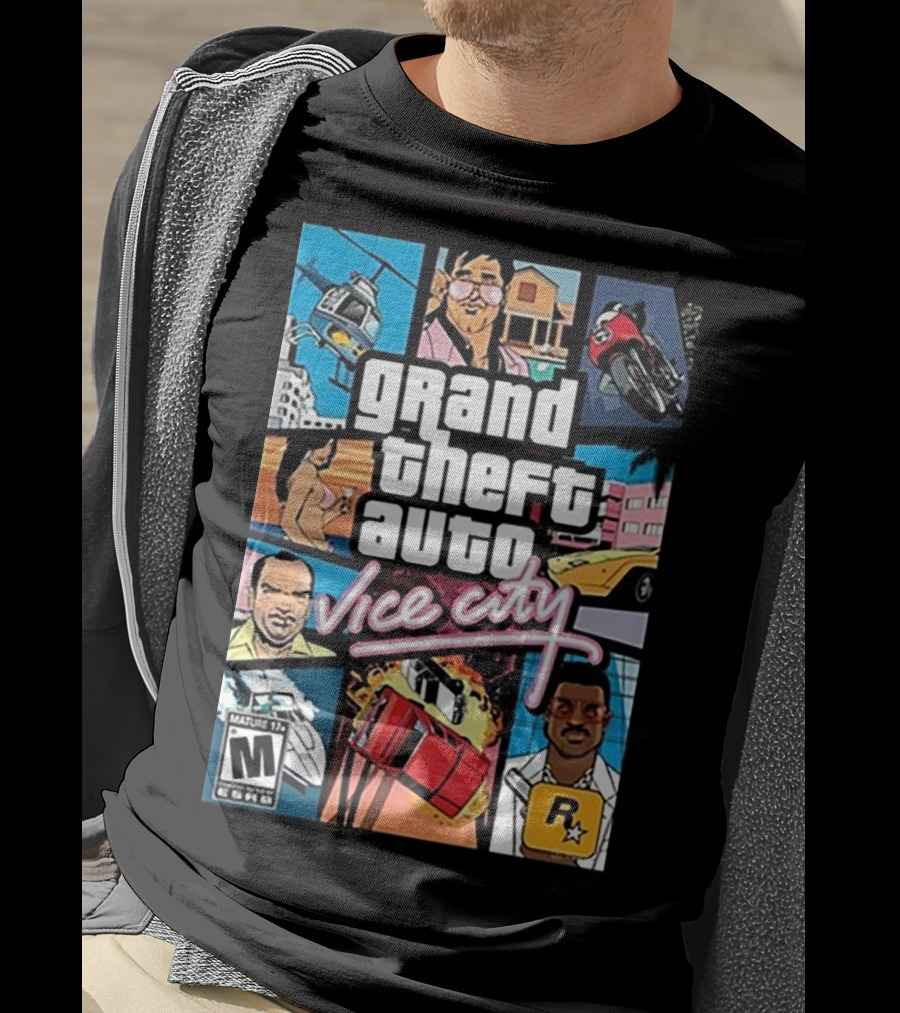 Grand Theft Auto Vice City Game Cover Art Helicopter Motorcycle Car Explosion R Star Logo T-Shirt