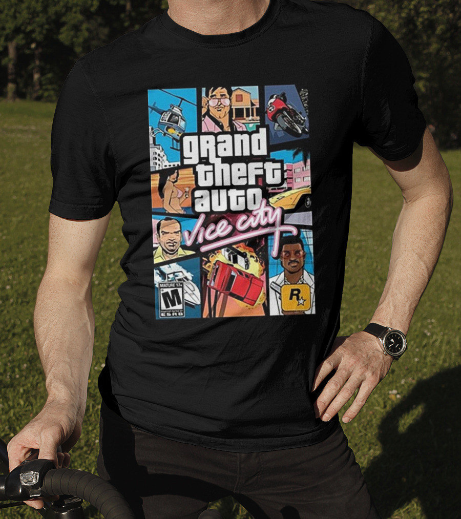 Grand Theft Auto Vice City Game Cover Art Helicopter Motorcycle Car Explosion R Star Logo T-Shirt