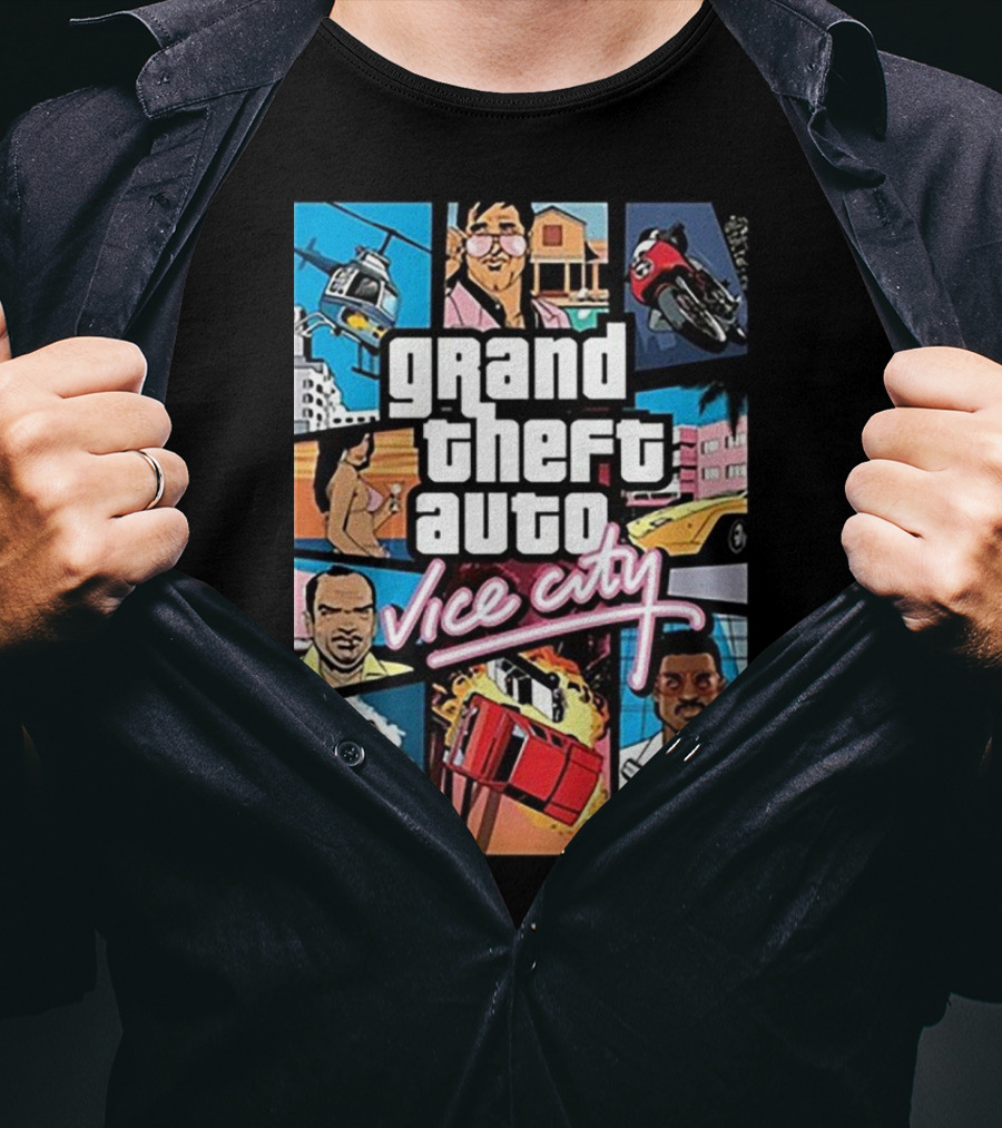 Grand Theft Auto Vice City Game Cover Art Helicopter Motorcycle Car Explosion R Star Logo T-Shirt