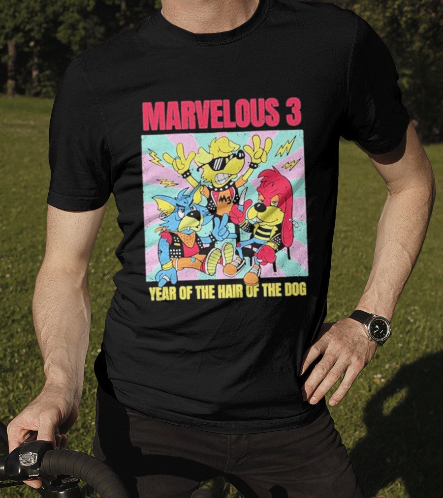 Marvelous 3 Year Of The Hair Of The Dog Cartoon Dogs With Punk Outfits And Sunglasses T-Shirt