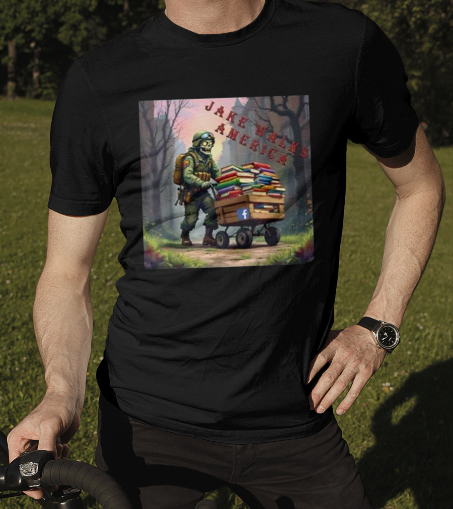 Zombie Soldier Pushing Book Cart Jake Walks America T-Shirt