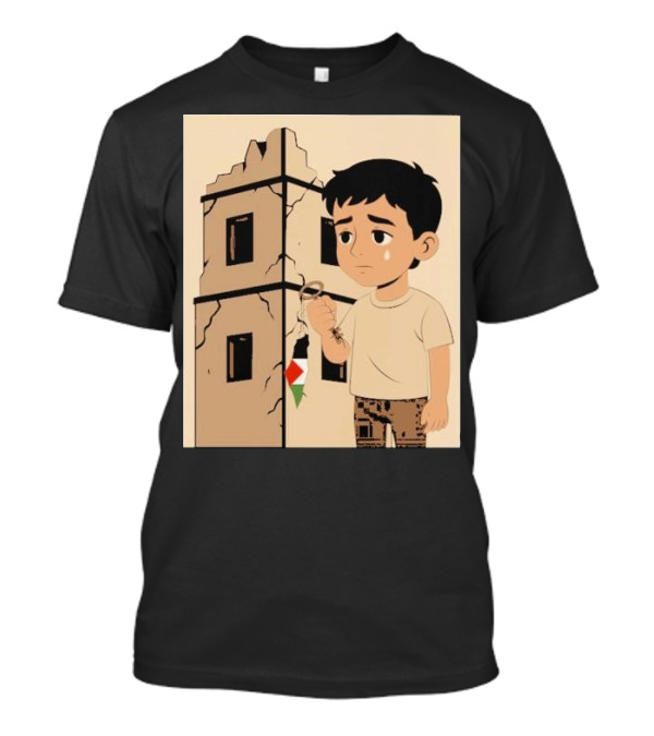 They Are Without Homes Boy Holding Key In Front Of Crumbling Building Palestinian Flag T-Shirt