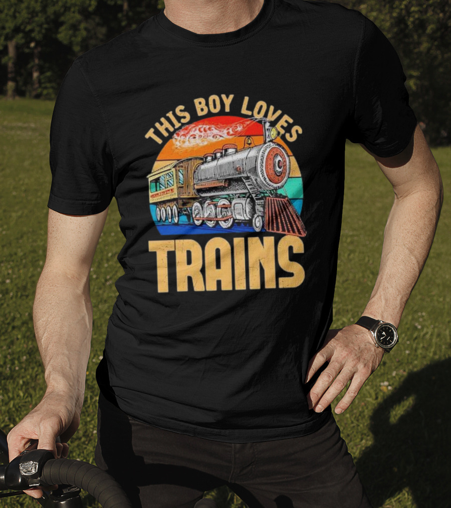 This Boy Loves Trains Vintage Steam Locomotive Railroad Enthusiast T-Shirt