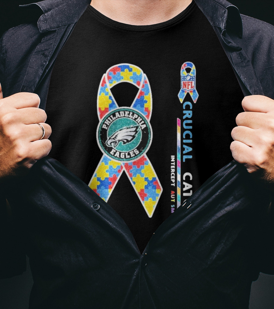 Philadelphia Eagles Autism Awareness Crucial Catch NFL Puzzle Ribbon T-Shirt
