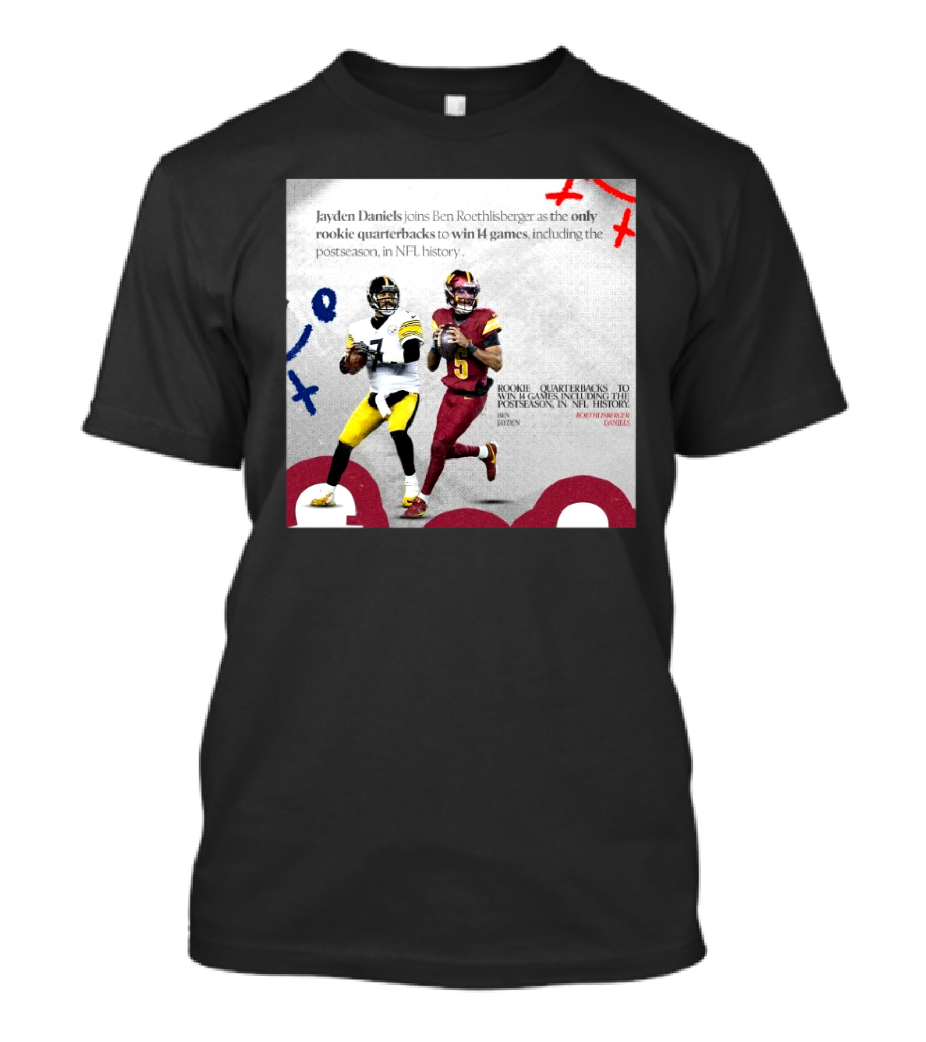 Jayden Daniels And Ben Roethlisberger Only Rookie Quarterbacks To Win 14 Games Postseason NFL History T-Shirt