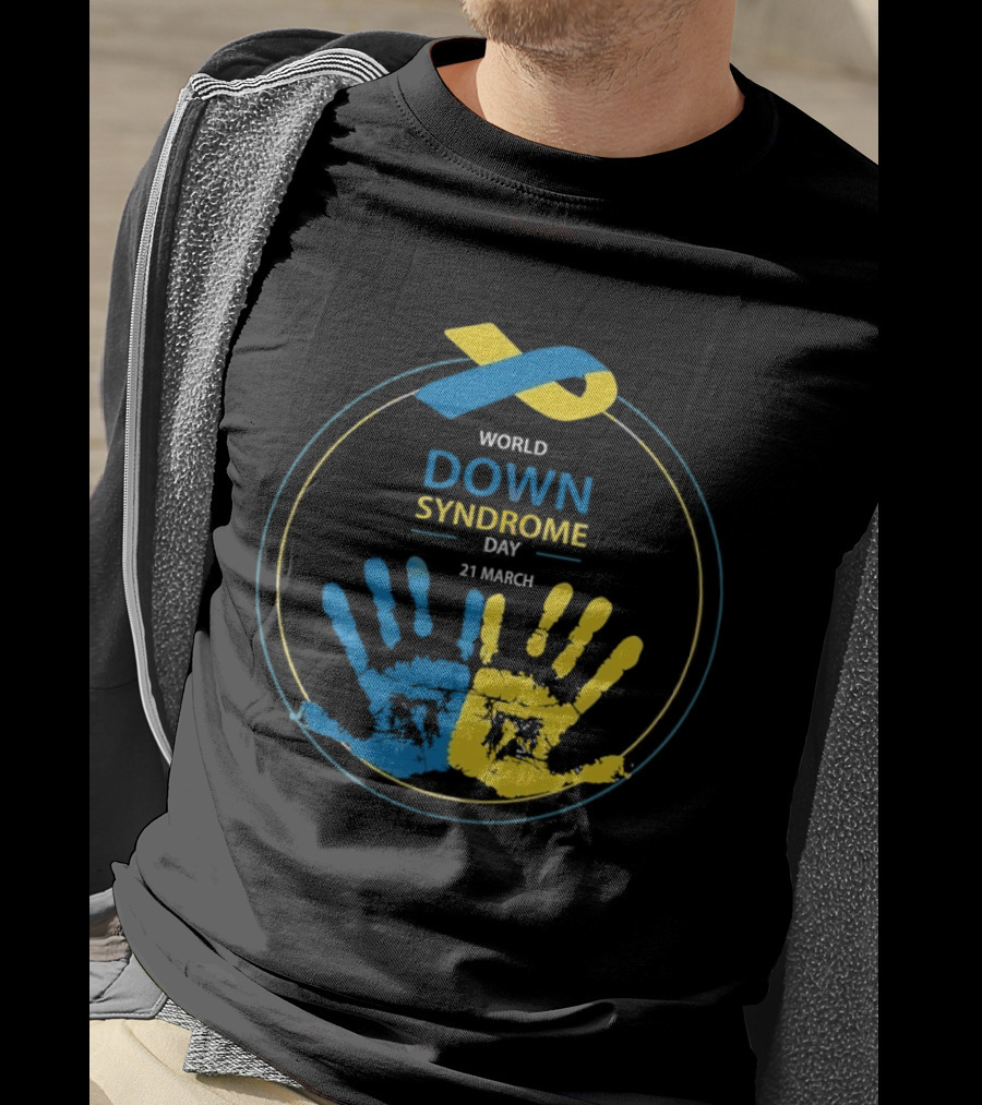 World Down Syndrome Day 21 March Blue Yellow Handprint Ribbon T-Shirt