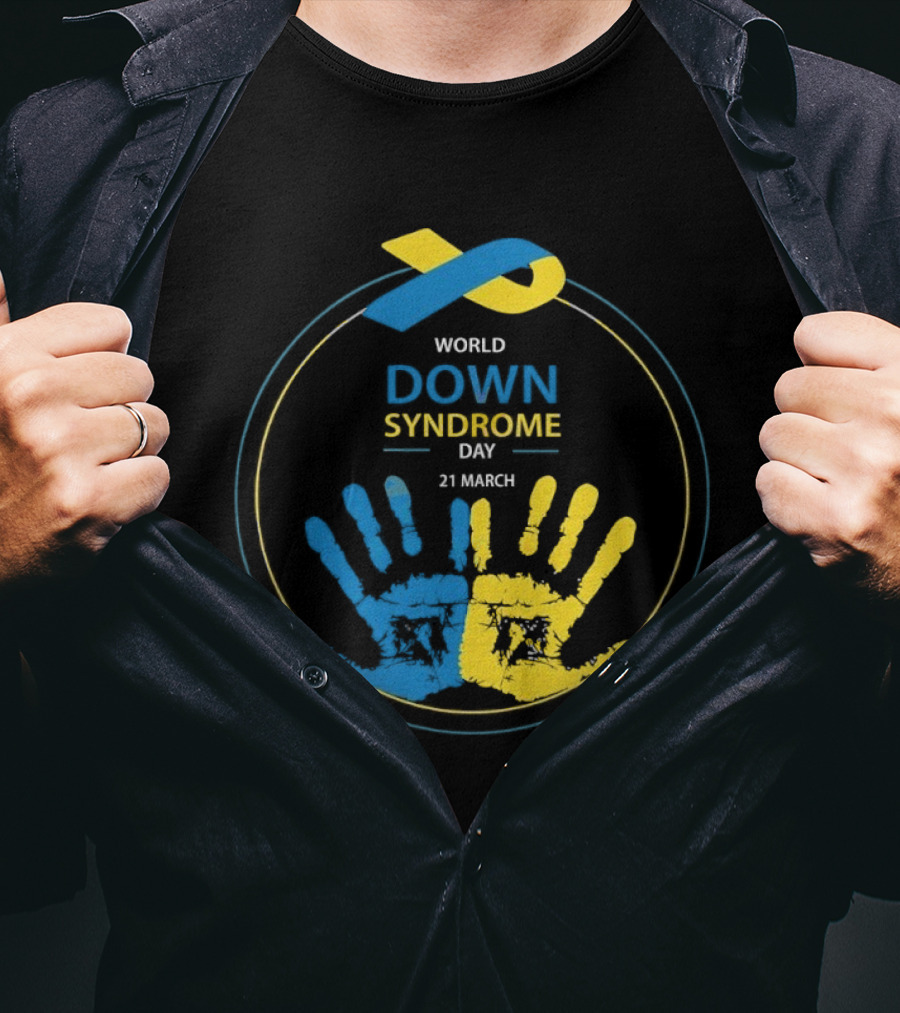 World Down Syndrome Day 21 March Blue Yellow Handprint Ribbon T-Shirt