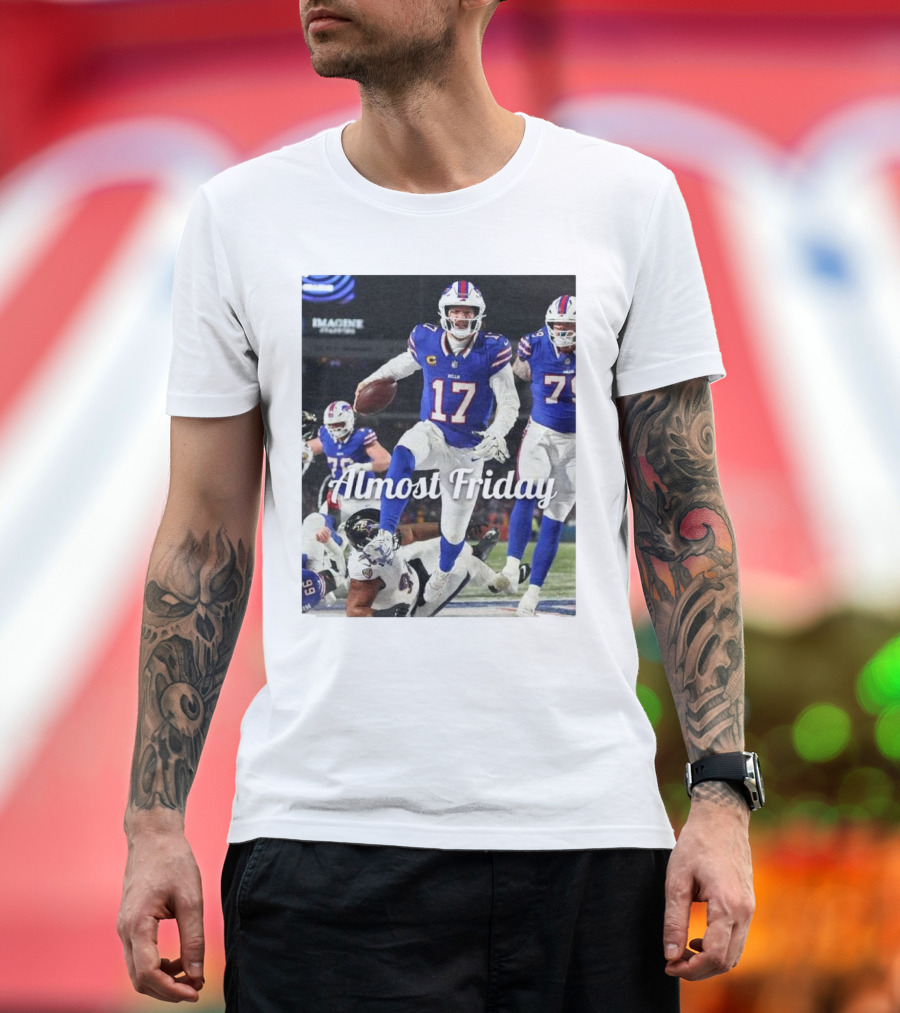 Almost Friday Josh Allen Touchdown Celebration in Buffalo Team Colors T-Shirt
