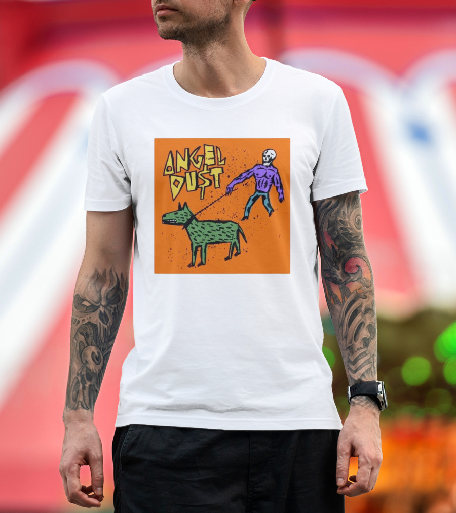 ANGEL DU$T Walking Skeleton with Green Dog Art T-Shirt