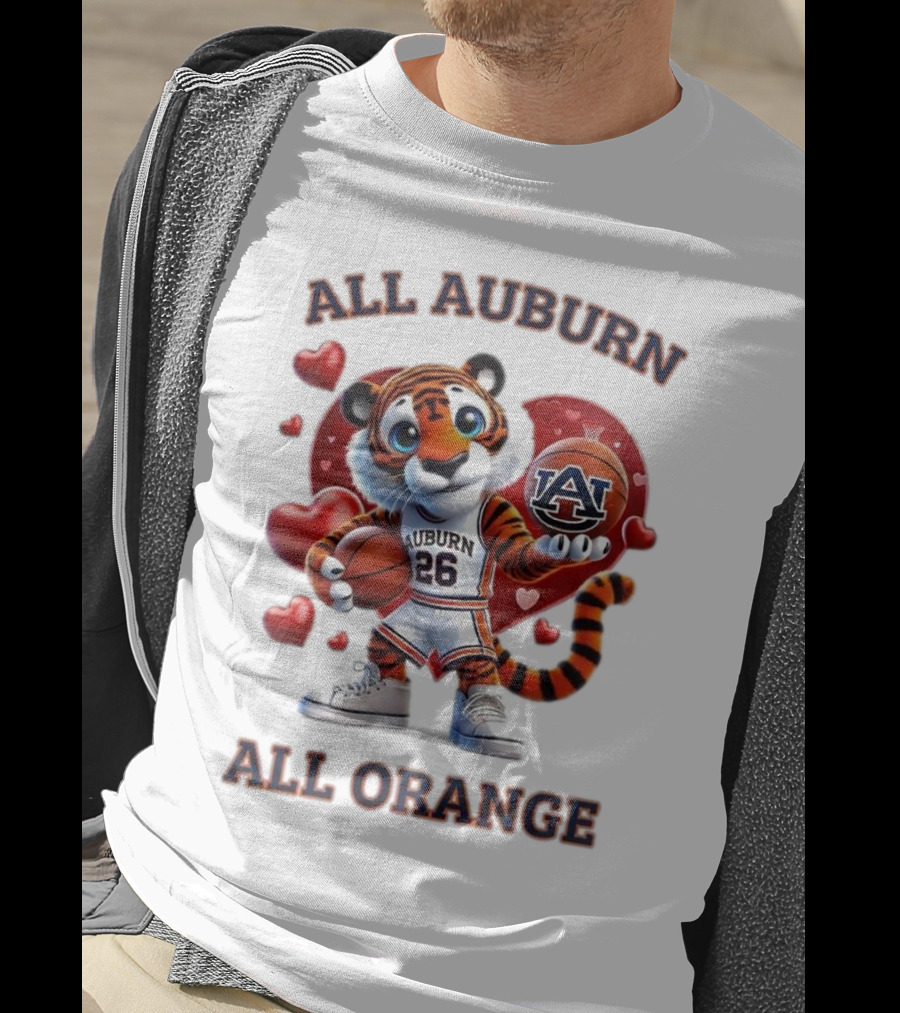 All Auburn All Orange Auburn Tigers Basketball Mascot Hearts T-Shirt