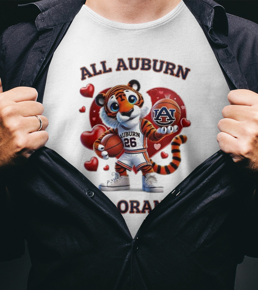 All Auburn All Orange Auburn Tigers Basketball Mascot Hearts T-Shirt