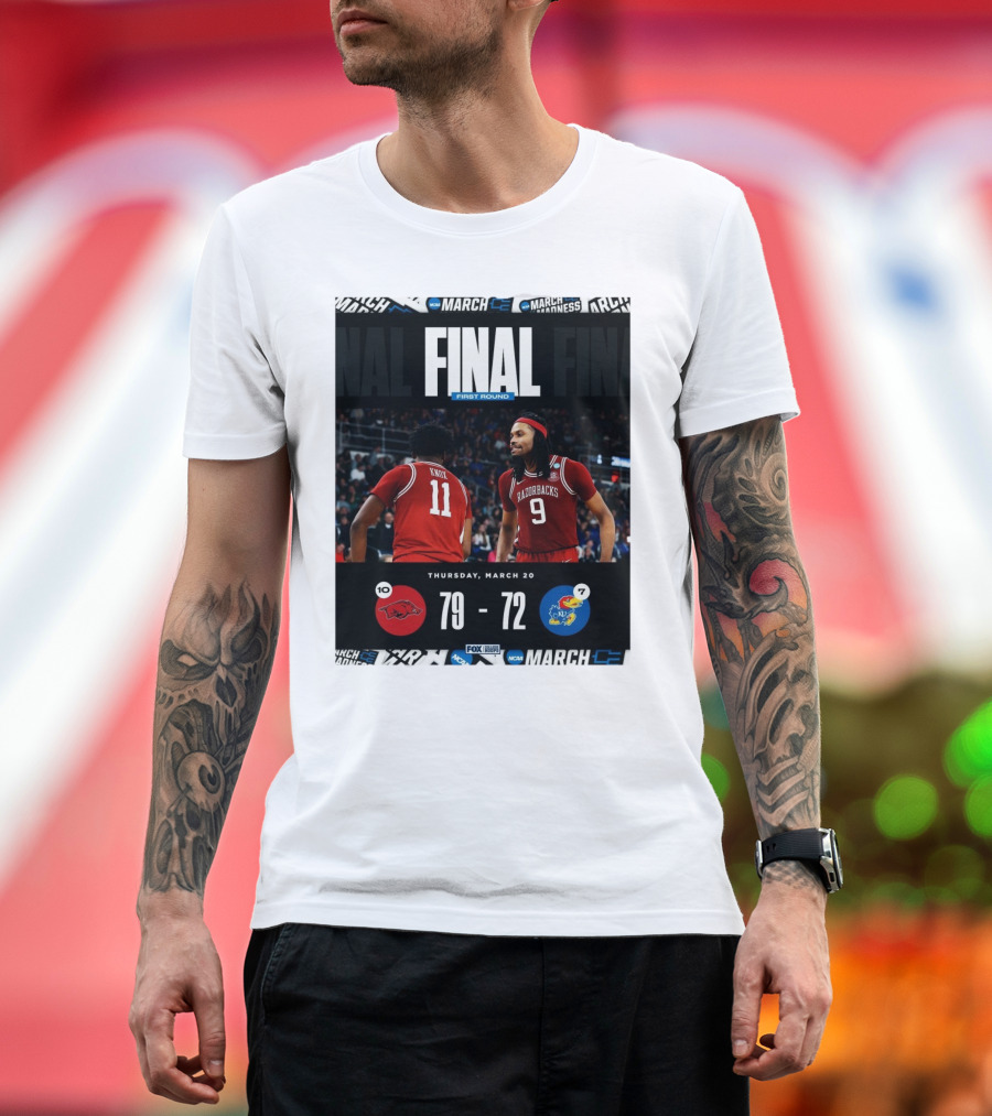 Arkansas Razorbacks Vs Kansas Jayhawks NCAA First Round Final Score 79-72 Thursday March 20 T-Shirt