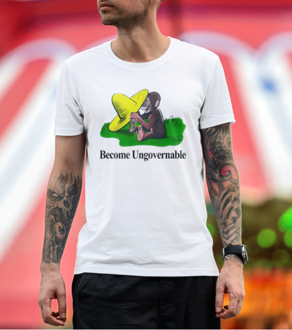Premium T-Shirt: Become Ungovernable Curious Monkey Yellow Hat Sitting on Grass T-Shirt Become Ungovernable Curious Monkey Yellow Hat Sitting on Grass T-Shirt