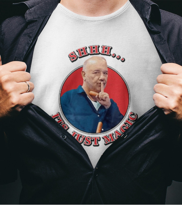 Bob Mortimer Shhh It's Just Magic Finger Gesture Silence Humor T-Shirt