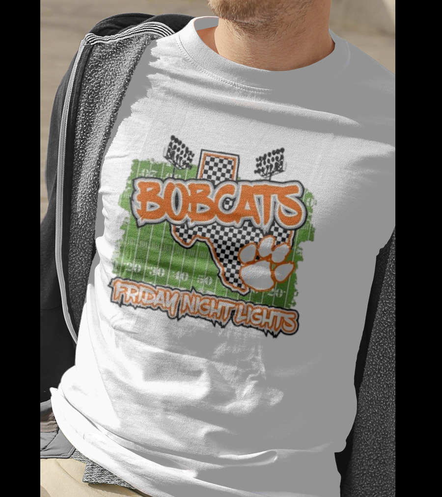 Bobcats Friday Night Lights Texas Football Paw Print Field Checkerboard T-Shirt