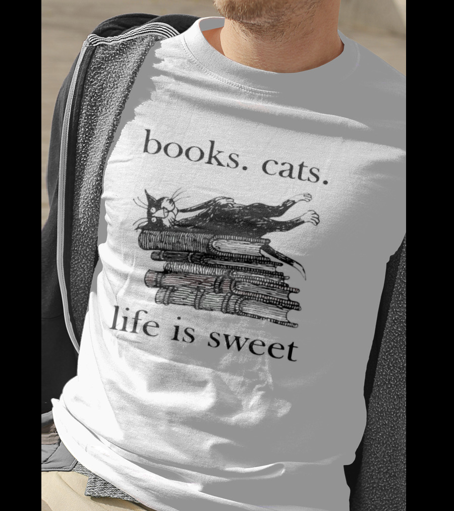 Books Cats Life Is Sweet Relaxing Cat On Stacked Books With Coffee Cup T-Shirt