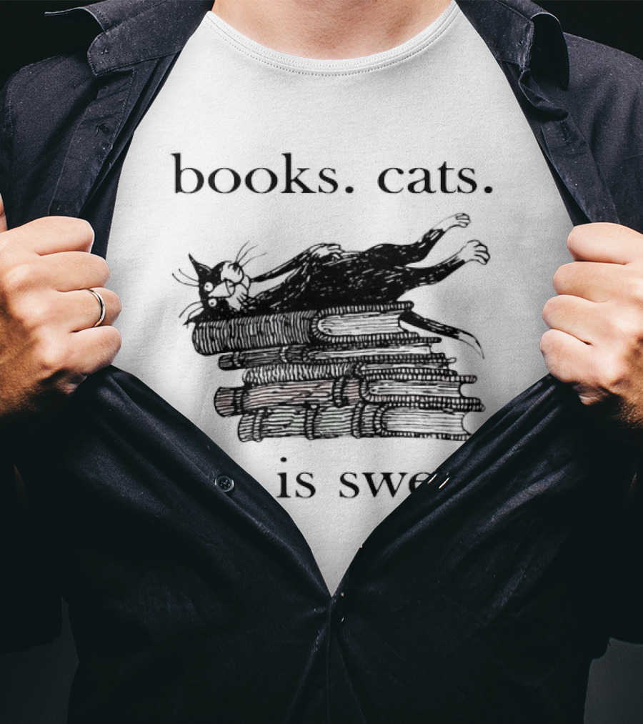 Books Cats Life Is Sweet Relaxing Cat On Stacked Books With Coffee Cup T-Shirt