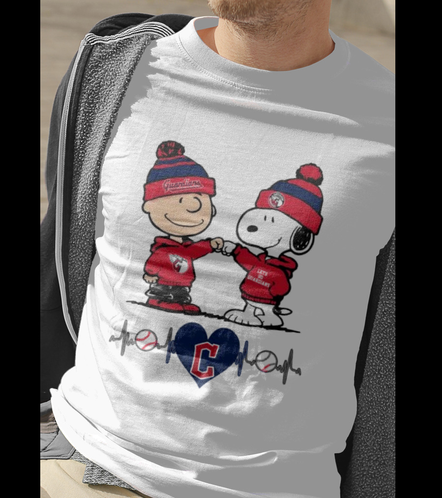 Charlie Brown Snoopy Cleveland Guardians Heartbeat Guardians Cap And T-Shirt