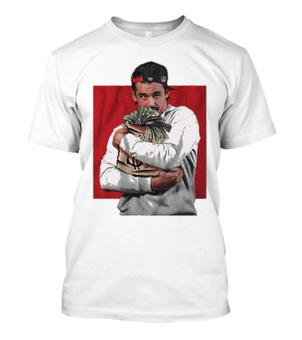 Carolina Hurricanes Seth Jarvis Hugging Money Bag Illustration With Backwards Cap T-Shirt