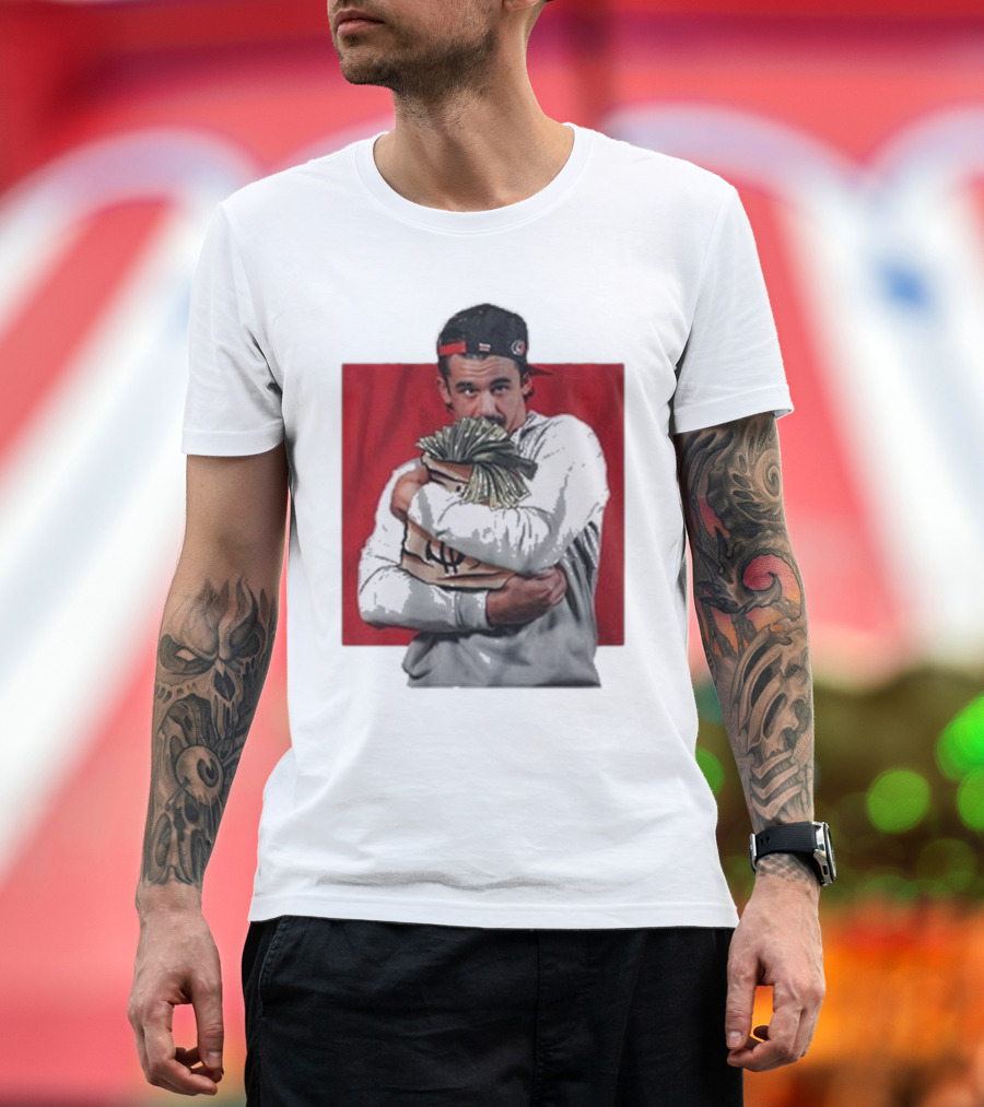 Carolina Hurricanes Seth Jarvis Hugging Money Bag Illustration with Backwards Cap T-Shirt