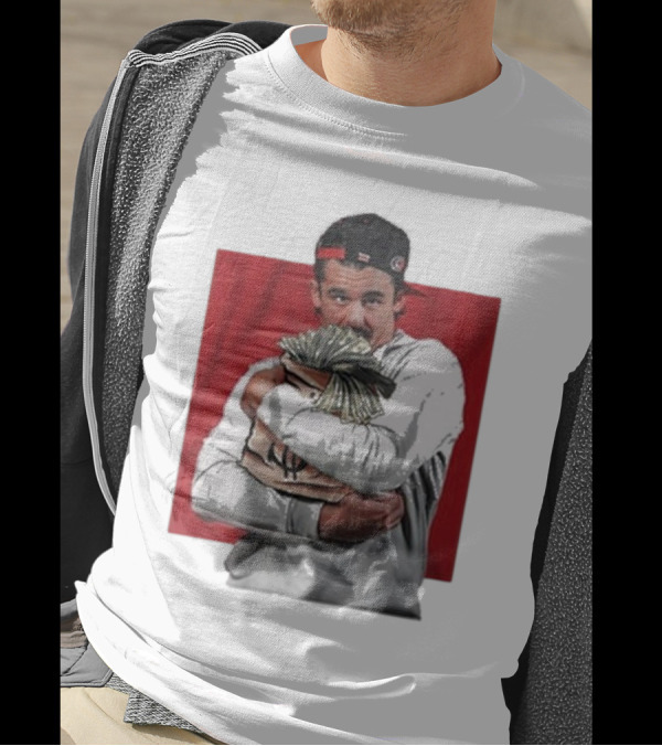 Carolina Hurricanes Seth Jarvis Hugging Money Bag Illustration With Backwards Cap T-Shirt