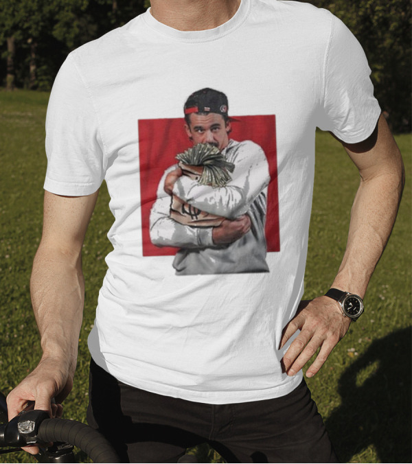 Carolina Hurricanes Seth Jarvis Hugging Money Bag Illustration With Backwards Cap T-Shirt