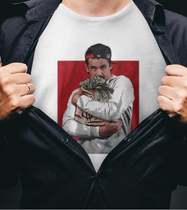 Carolina Hurricanes Seth Jarvis Hugging Money Bag Illustration With Backwards Cap T-Shirt
