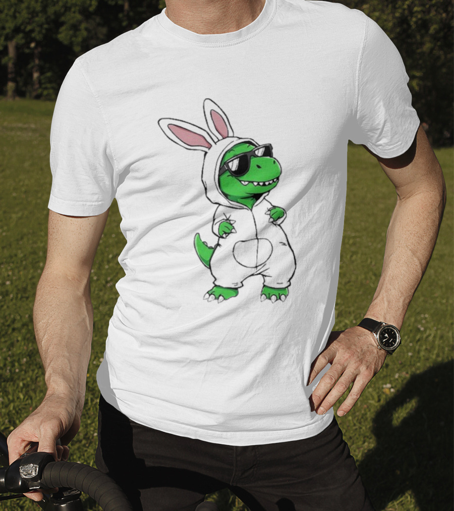 Cool Dino Wearing Easter Bunny Rabbit Costume With Sunglasses T-Shirt