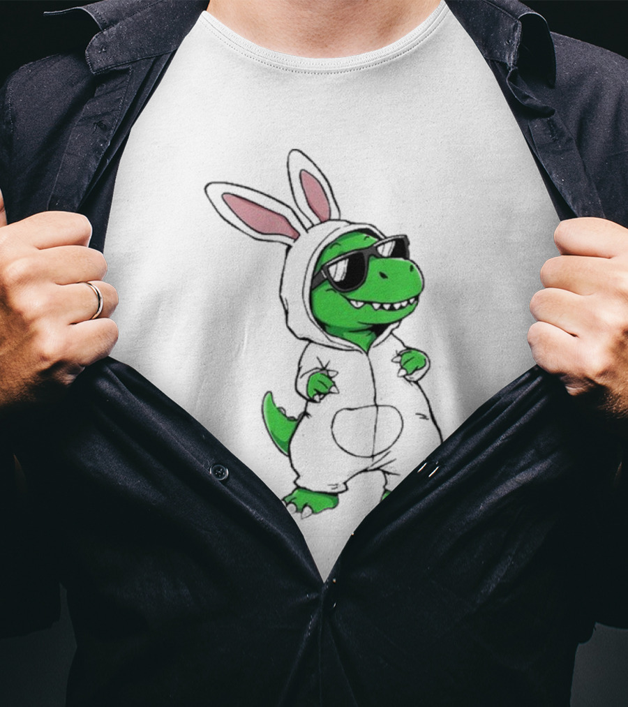 Cool Dino Wearing Easter Bunny Rabbit Costume With Sunglasses T-Shirt