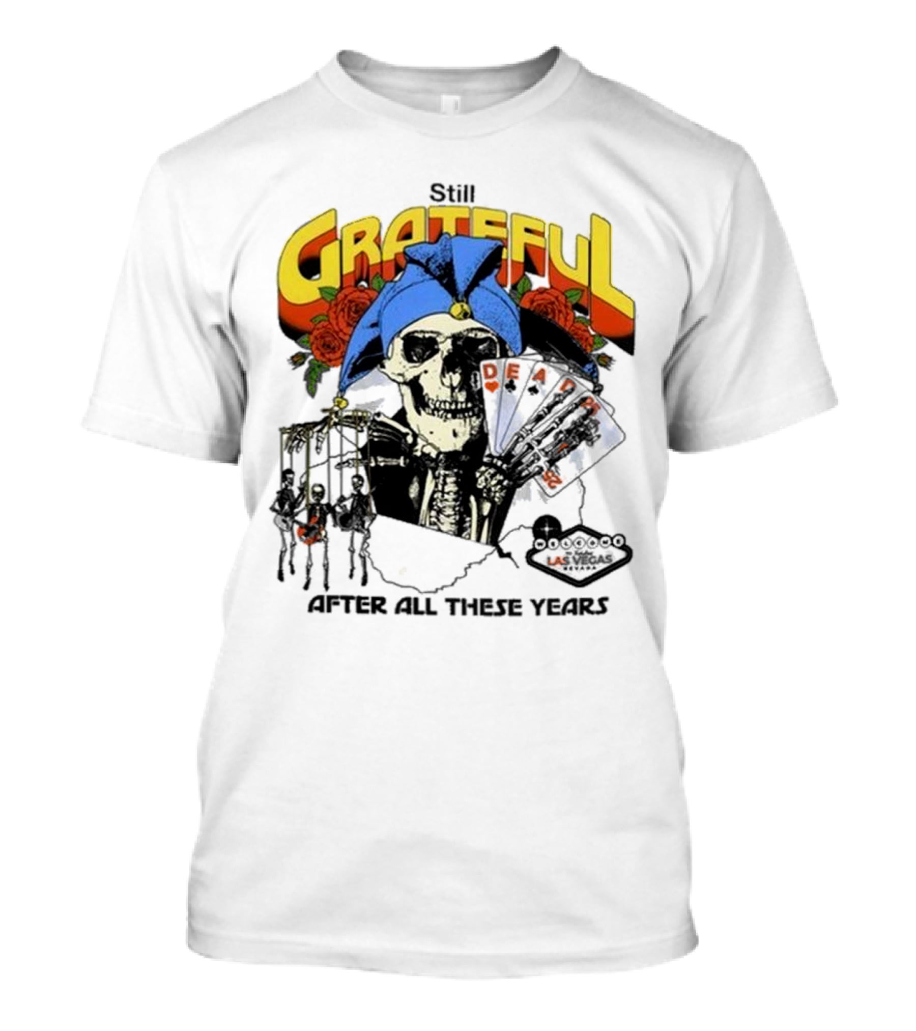 Dead And Company Grateful Skeleton With Blue Hat And Roses T-Shirt