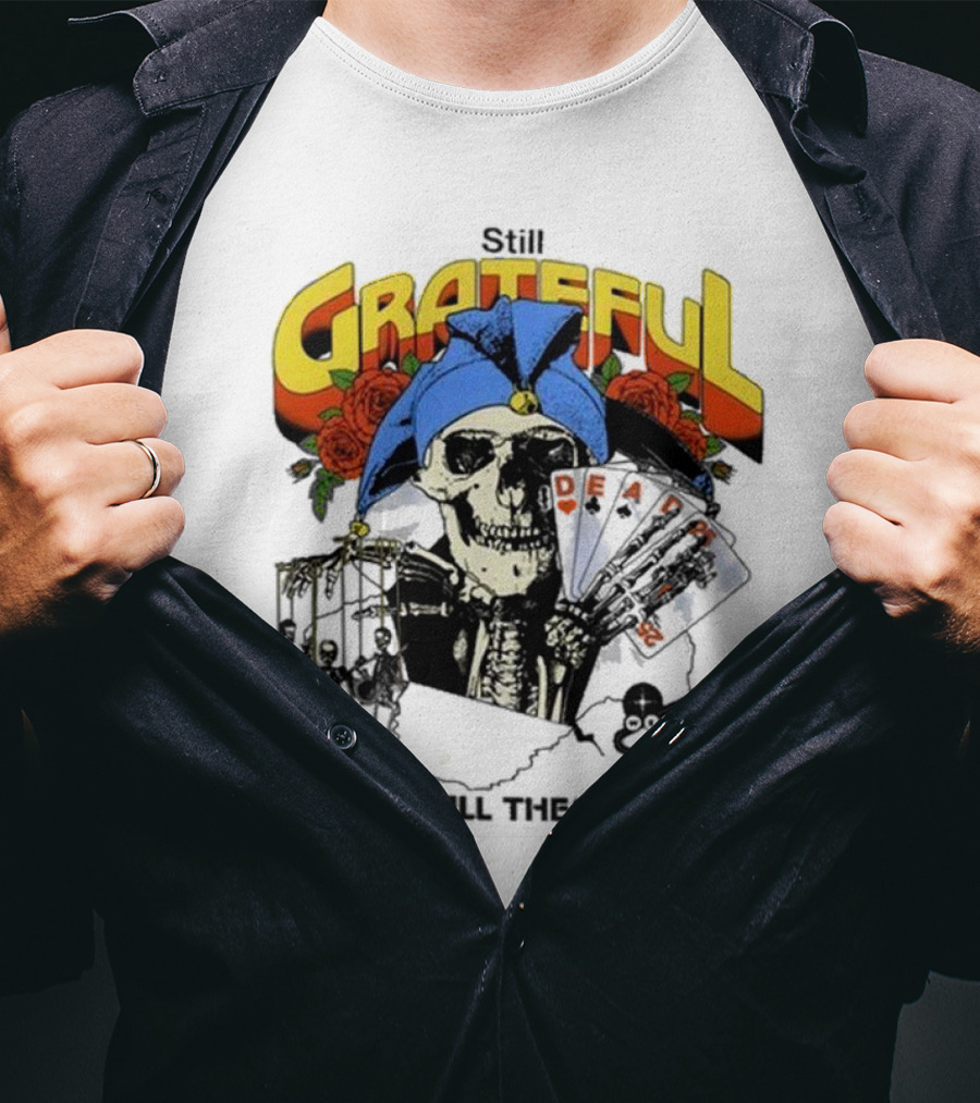 Dead And Company Grateful Skeleton With Blue Hat And Roses T-Shirt