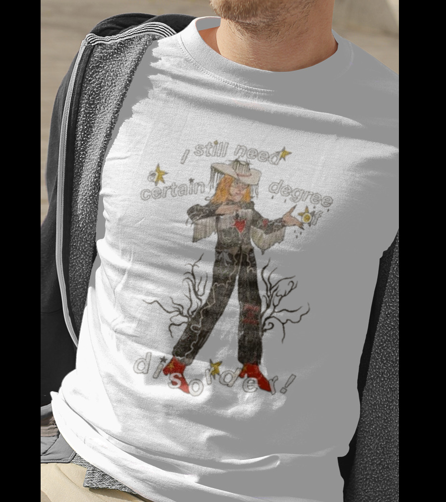 Cowboy Hayley I Still Need A Certain Degree Of Disorder Star Motif Western Outfit White Cowboy Hat Fringe Red Boots T-Shirt